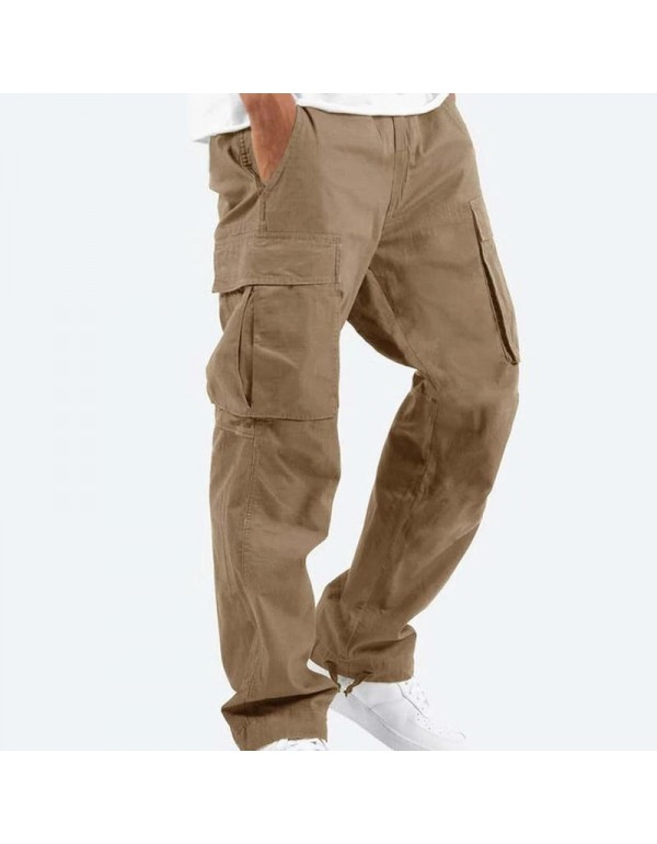 Men Fashion Solid Color Mid Waist Drawstring Multi Pocket Trousers