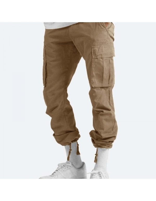 Men Fashion Solid Color Mid Waist Drawstring Multi Pocket Trousers