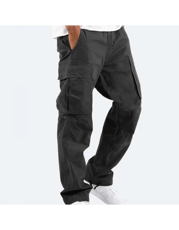 Men Fashion Solid Color Mid Waist Drawstring Multi Pocket Trousers