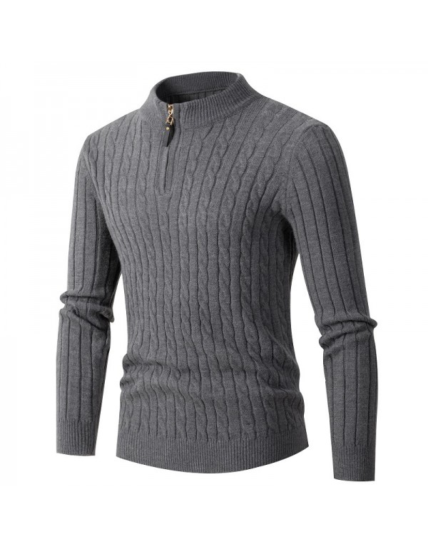 Men Casual Stand Collar Zipper Long Sleeve Solid Color Knit Sweater