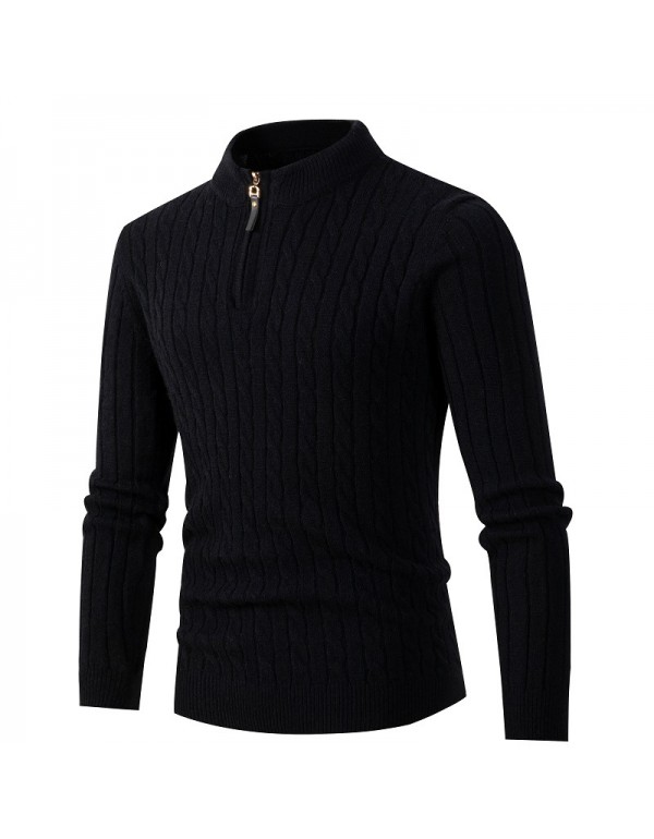 Men Casual Stand Collar Zipper Long Sleeve Solid Color Knit Sweater