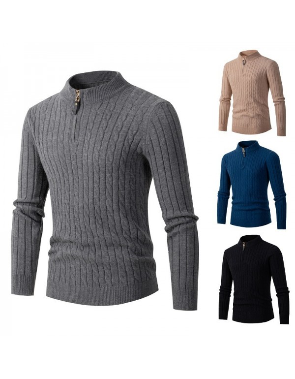 Men Casual Stand Collar Zipper Long Sleeve Solid Color Knit Sweater