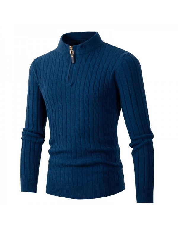 Men Casual Stand Collar Zipper Long Sleeve Solid Color Knit Sweater