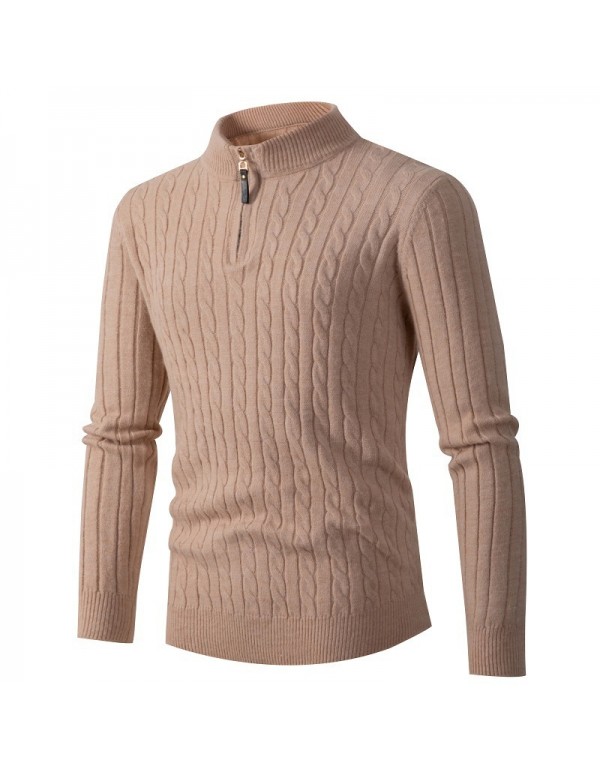 Men Casual Stand Collar Zipper Long Sleeve Solid Color Knit Sweater