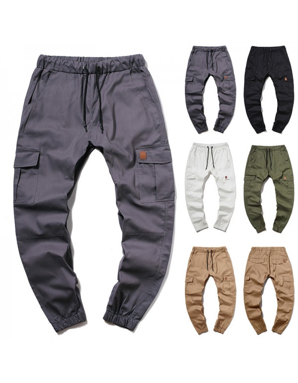 Men'S Fashion Drawstring Waist Slim Multi Pocket Trousers