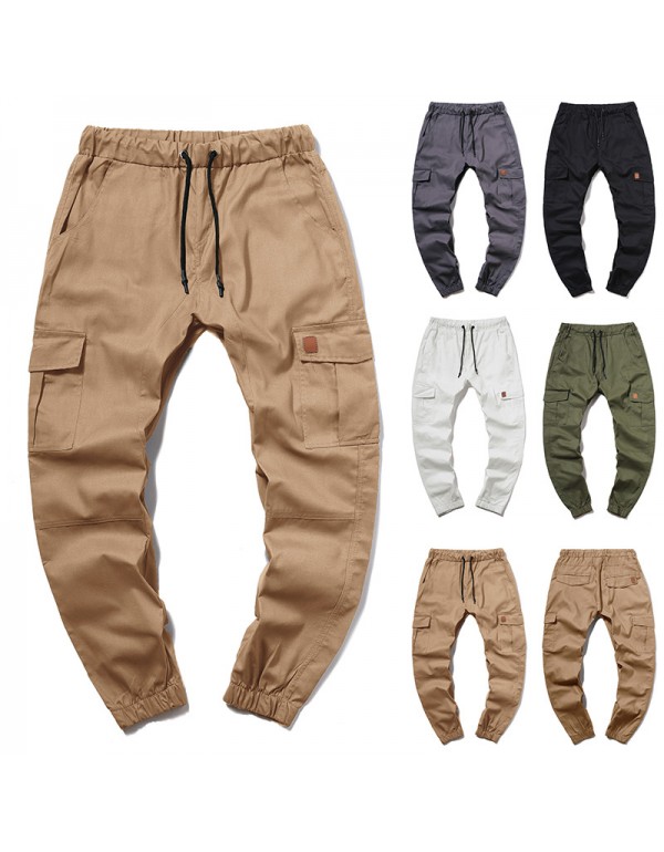 Men'S Fashion Drawstring Waist Slim Multi Pocket Trousers