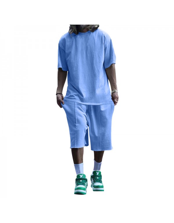 Men'S Casual Loose Round Neck Short-Sleeved Top And Shorts Two-Piece Set