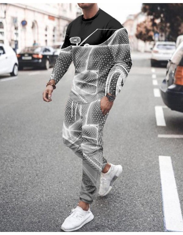 Men'S Fashion Print Loose Round Neck Long Sleeves Sweatshirt And Trousers Two-Piece Set