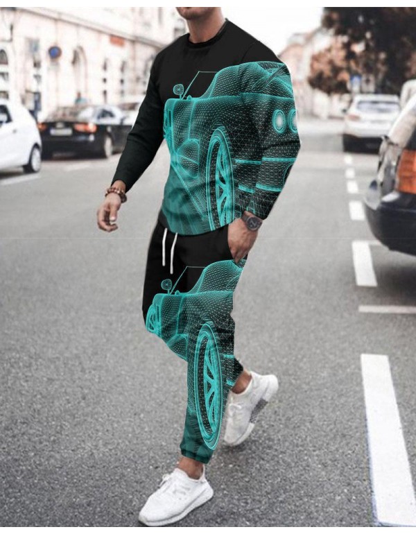 Men'S Fashion Print Loose Round Neck Long Sleeves Sweatshirt And Trousers Two-Piece Set