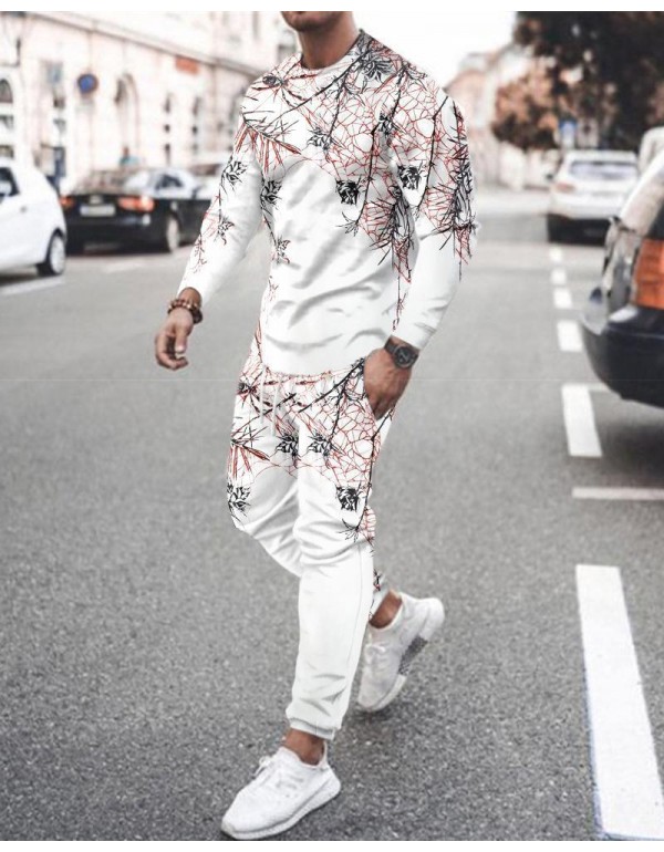 Men'S Fashion Print Loose Round Neck Long Sleeves Sweatshirt And Trousers Two-Piece Set