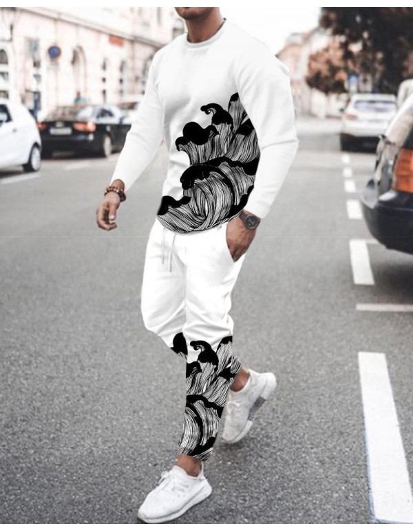 Men'S Fashion Print Loose Round Neck Long Sleeves Sweatshirt And Trousers Two-Piece Set