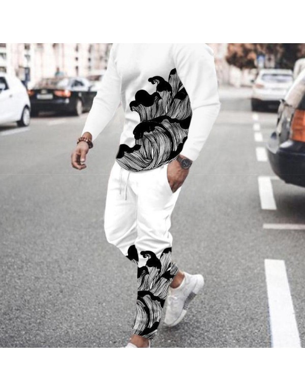 Men'S Fashion Print Loose Round Neck Long Sleeves Sweatshirt And Trousers Two-Piece Set