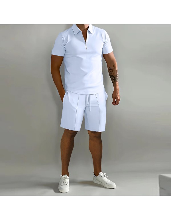 Men Fashion Lapel Zipper Solid Color Loose Polo Shirt And Shorts Two-Piece Set