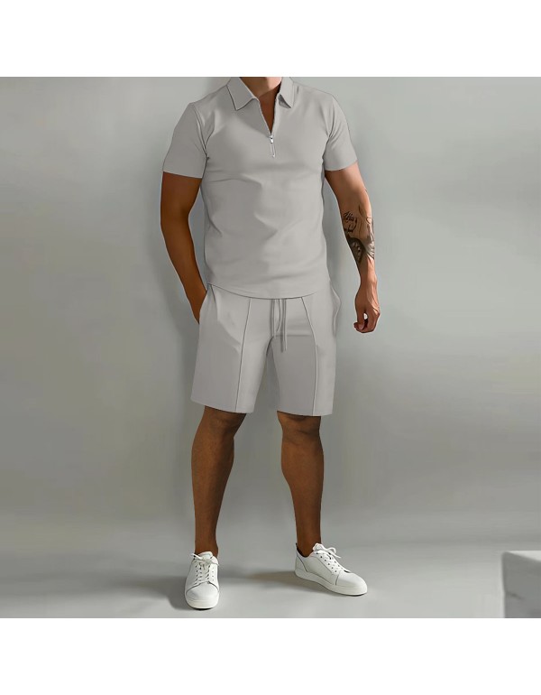 Men Fashion Lapel Zipper Solid Color Loose Polo Shirt And Shorts Two-Piece Set