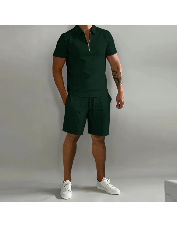 Men Fashion Lapel Zipper Solid Color Loose Polo Shirt And Shorts Two-Piece Set