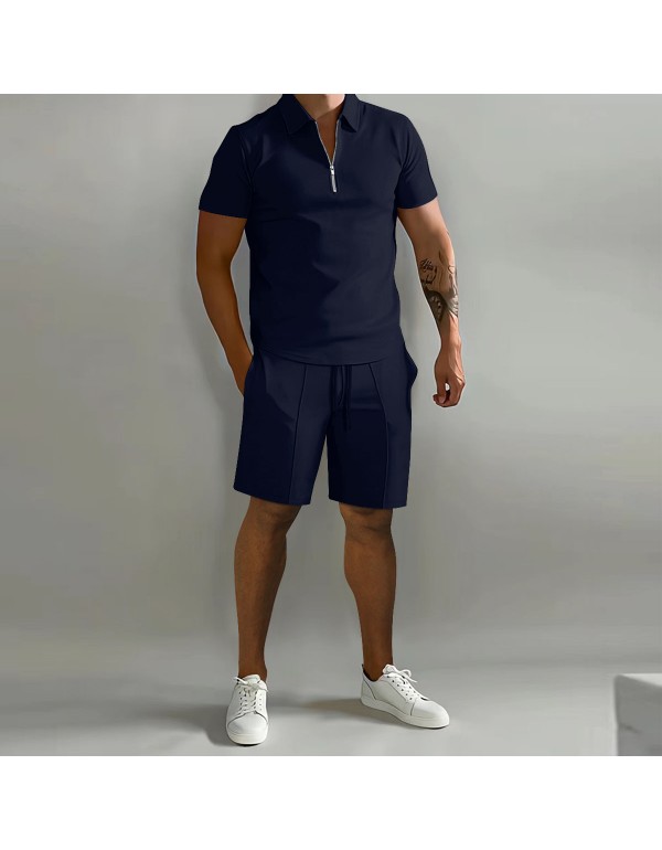 Men Fashion Lapel Zipper Solid Color Loose Polo Shirt And Shorts Two-Piece Set