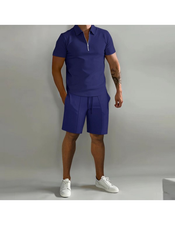 Men Fashion Lapel Zipper Solid Color Loose Polo Shirt And Shorts Two-Piece Set