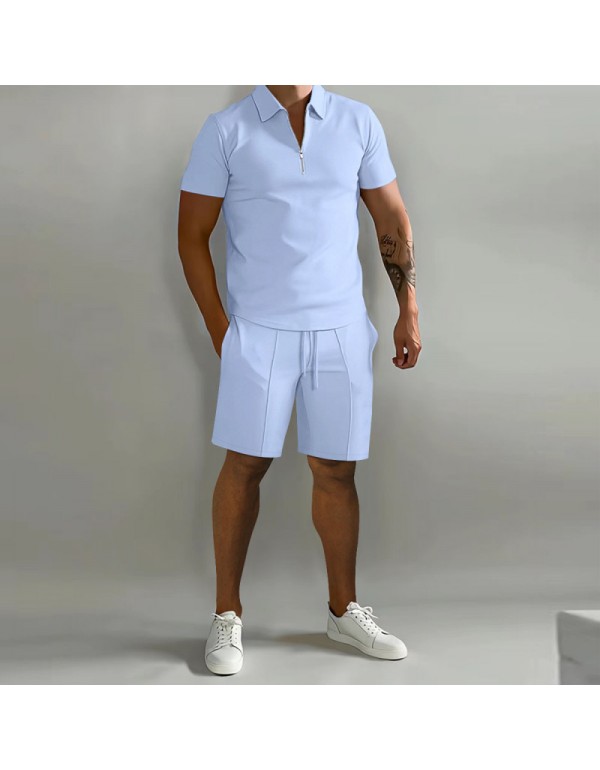 Men Fashion Lapel Zipper Solid Color Loose Polo Shirt And Shorts Two-Piece Set