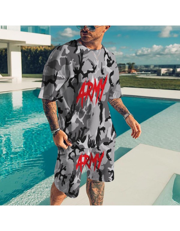 Men Fashion 3d Printing Round Neck Short-Sleeved T-Shirt And Shorts Two-Piece Set