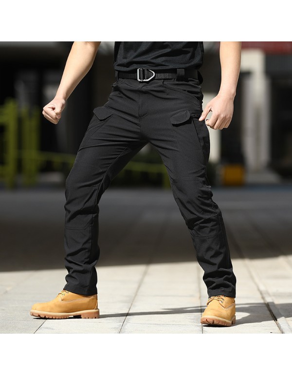 Men Casual Solid Color Elastic Breathable Multi-Pocket Trousers