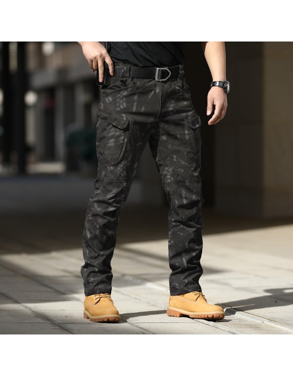 Men Casual Solid Color Elastic Breathable Multi-Pocket Trousers