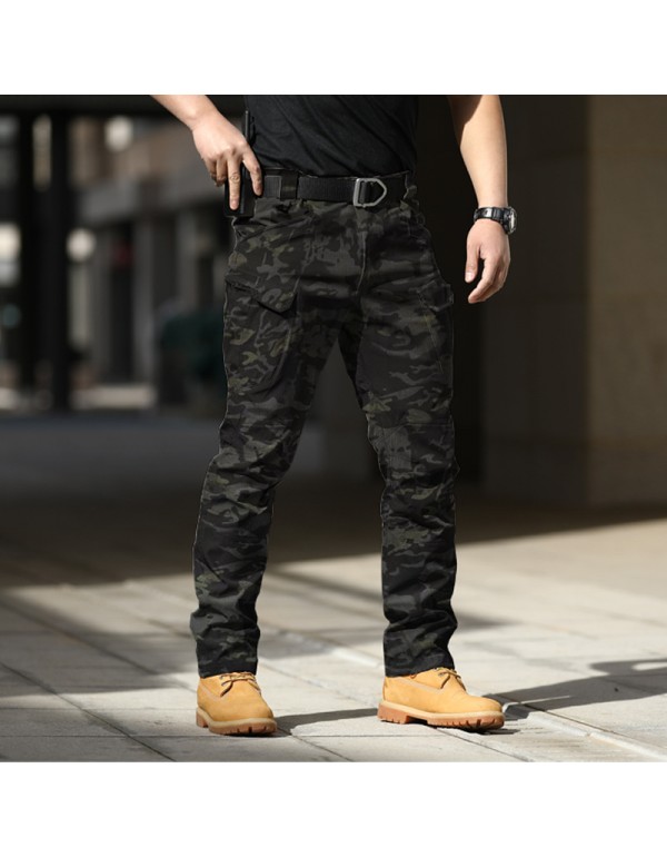 Men Casual Solid Color Elastic Breathable Multi-Pocket Trousers