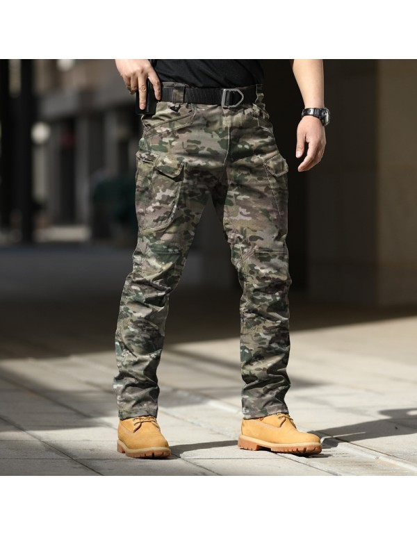 Men Casual Solid Color Elastic Breathable Multi-Pocket Trousers