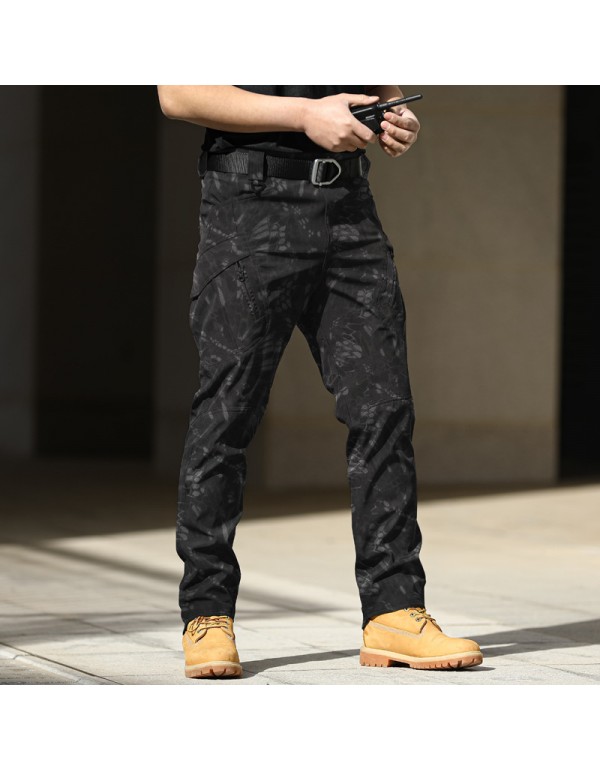 Men Casual Solid Color Elastic Breathable Multi-Pocket Trousers