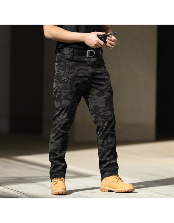 Men Casual Solid Color Elastic Breathable Multi-Pocket Trousers