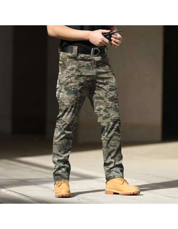 Men Casual Solid Color Elastic Breathable Multi-Pocket Trousers