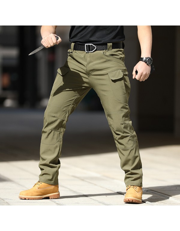 Men Casual Solid Color Elastic Breathable Multi-Pocket Trousers