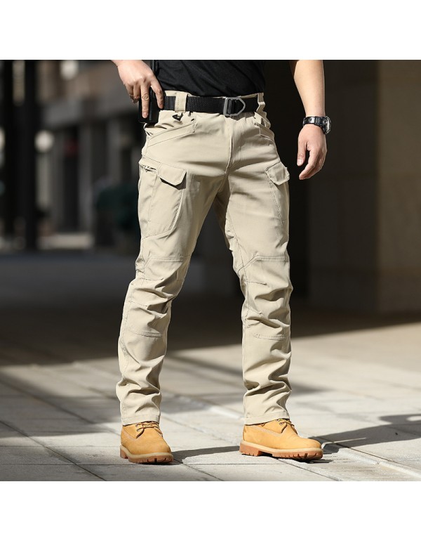 Men Casual Solid Color Elastic Breathable Multi-Pocket Trousers