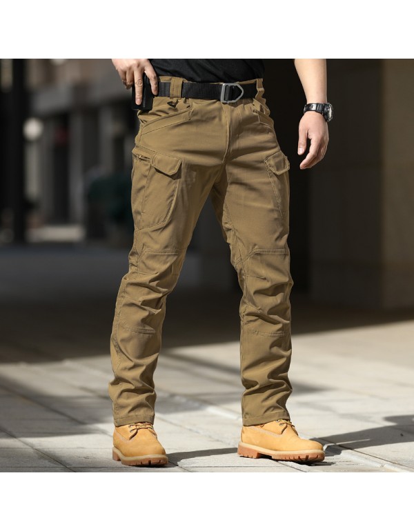 Men Casual Solid Color Elastic Breathable Multi-Pocket Trousers