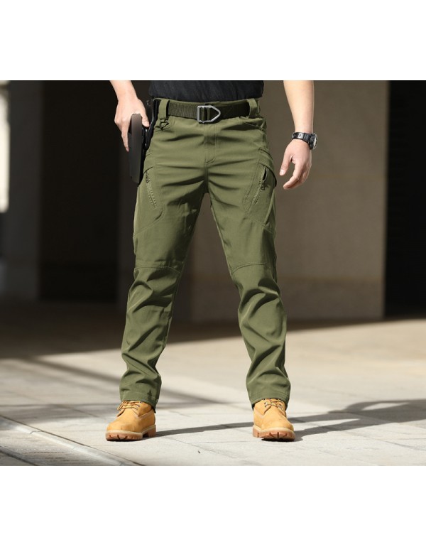 Men Casual Solid Color Elastic Breathable Multi-Pocket Trousers