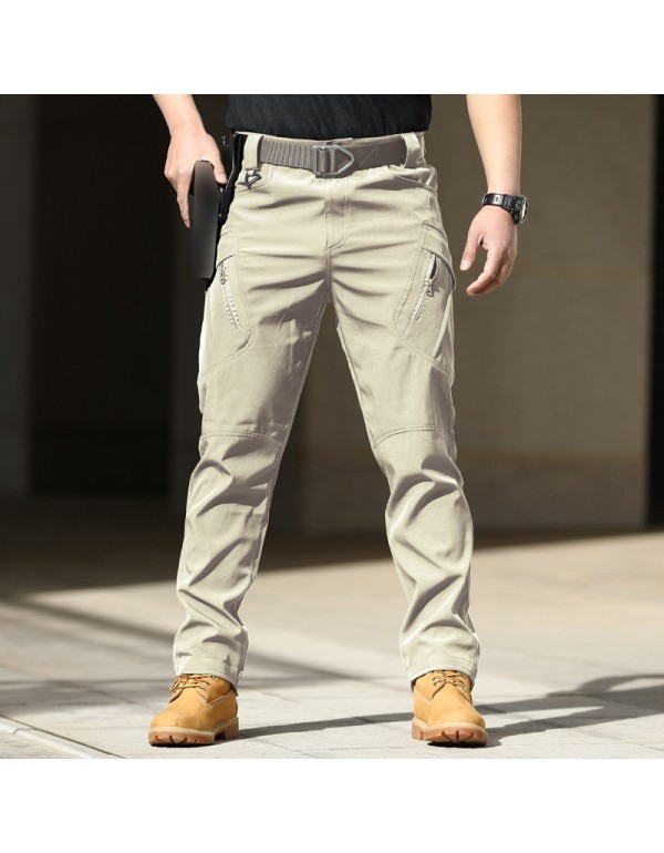 Men Casual Solid Color Elastic Breathable Multi-Pocket Trousers