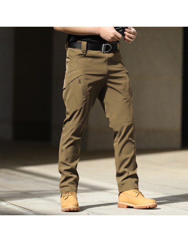 Men Casual Solid Color Elastic Breathable Multi-Pocket Trousers