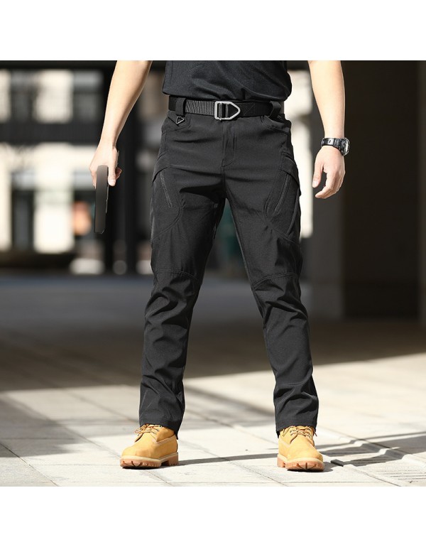 Men Casual Solid Color Elastic Breathable Multi-Pocket Trousers