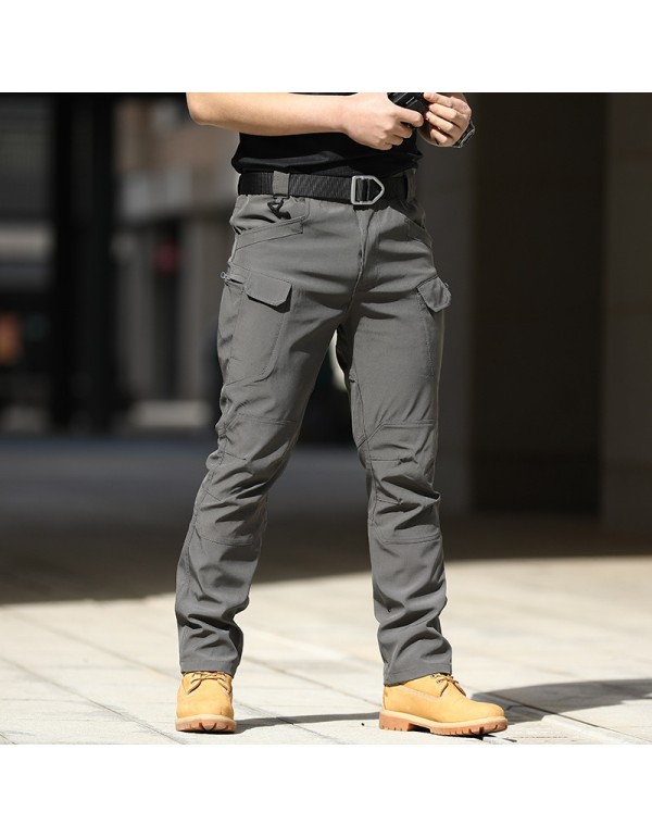 Men Casual Solid Color Elastic Breathable Multi-Pocket Trousers