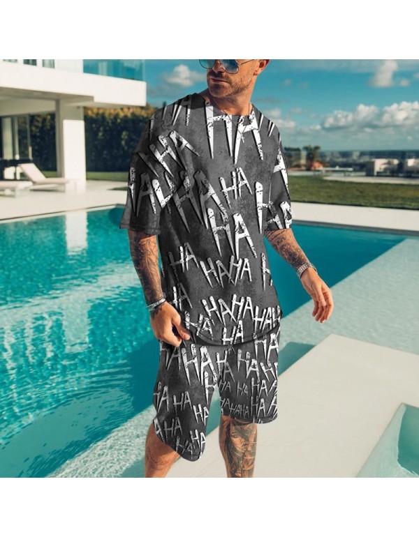 Men Fashion Round Neck Large Size Loose Printed Short-Sleeved T-Shirt And Shorts Two-Piece Set