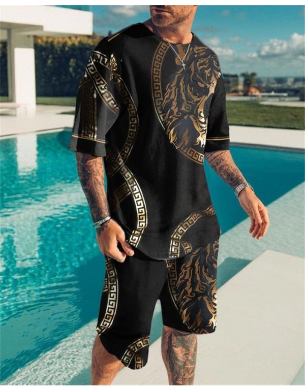 Men Fashion Round Neck Large Size Loose Printed Short-Sleeved T-Shirt And Shorts Two-Piece Set