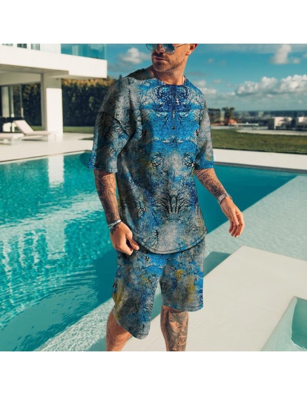 Men Fashion Round Neck Large Size Loose Printed Short-Sleeved T-Shirt And Shorts Two-Piece Set