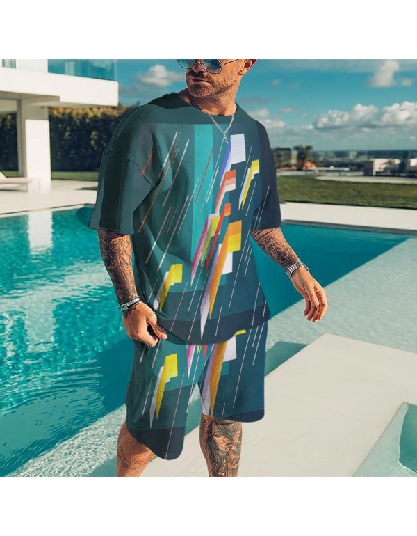 Men Fashion Round Neck Large Size Loose Printed Short-Sleeved T-Shirt And Shorts Two-Piece Set