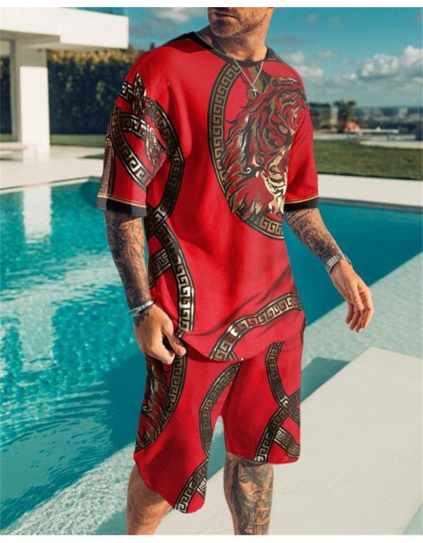 Men Fashion Round Neck Large Size Loose Printed Short-Sleeved T-Shirt And Shorts Two-Piece Set