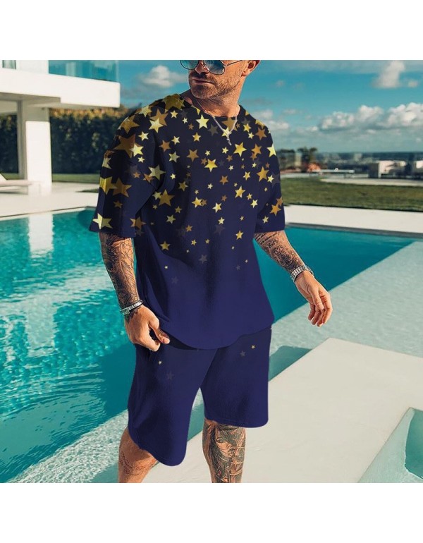 Men Fashion Round Neck Large Size Loose Printed Short-Sleeved T-Shirt And Shorts Two-Piece Set