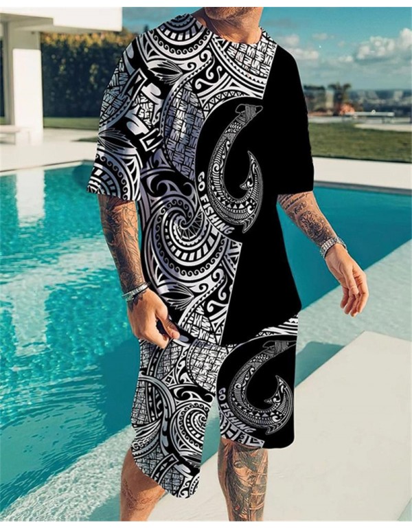 Men Fashion Round Neck Large Size Loose Printed Short-Sleeved T-Shirt And Shorts Two-Piece Set