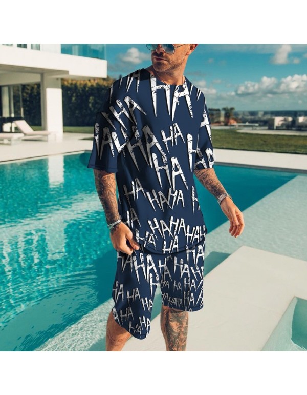 Men Fashion Round Neck Large Size Loose Printed Short-Sleeved T-Shirt And Shorts Two-Piece Set