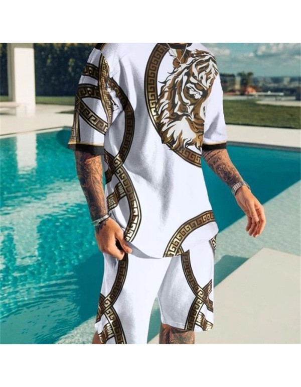 Men Fashion Round Neck Large Size Loose Printed Short-Sleeved T-Shirt And Shorts Two-Piece Set