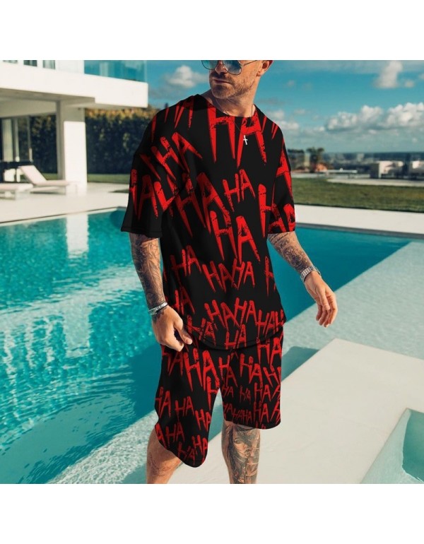 Men Fashion Round Neck Large Size Loose Printed Short-Sleeved T-Shirt And Shorts Two-Piece Set