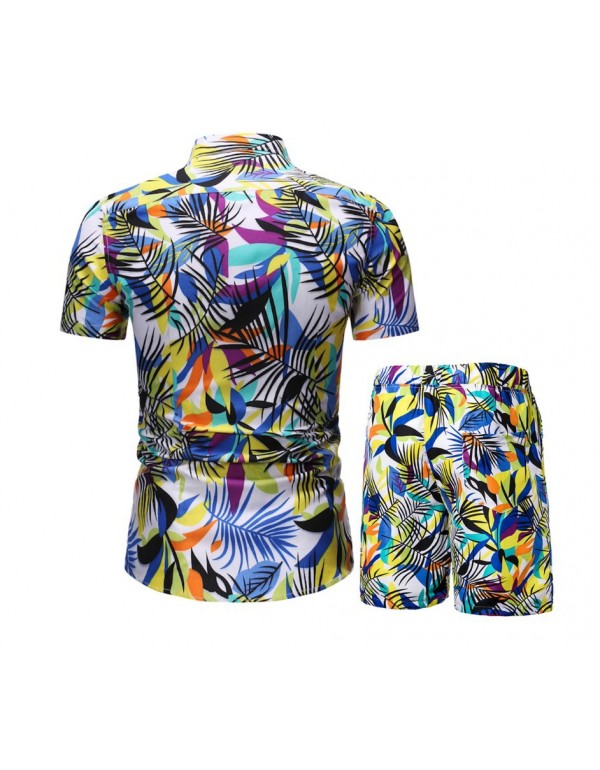 Men Casual Printed Lapel Short Sleeve Large Size Loose Shirt And Shorts Two-Piece Set