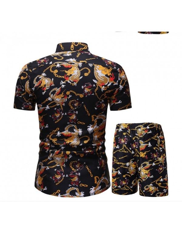 Men Casual Printed Lapel Short Sleeve Large Size Loose Shirt And Shorts Two-Piece Set